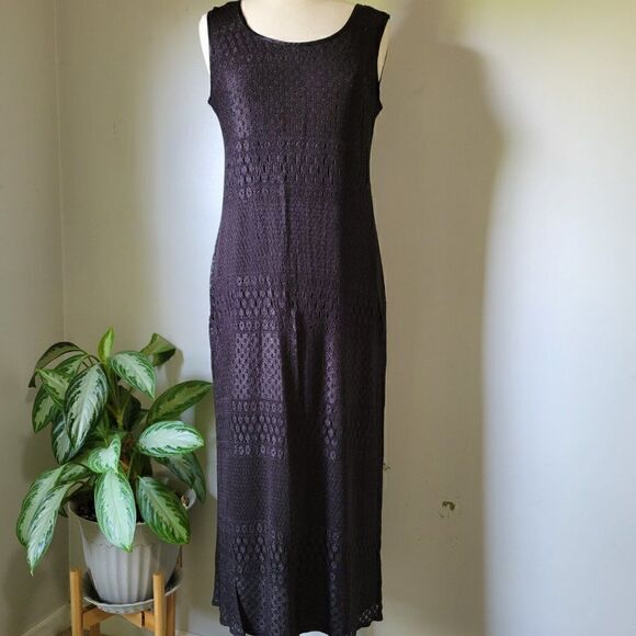 VINTAGE CHANTILLY BLACK LACE SLINKY MAXI DRESS BEST FITS M - Picture 1 of 16